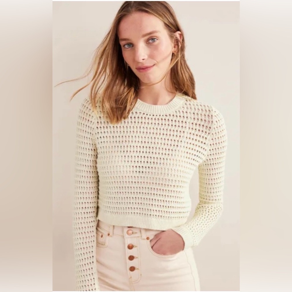 Boden Cropped Cream Crochet 100% Cotton Sweater size XS